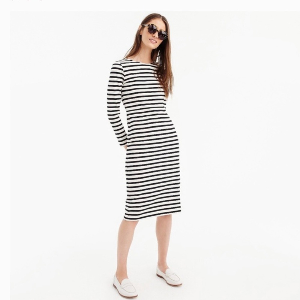 J Crew Black White Ivory Striped Cotton Knit Midi Dress Long Sleeves Size 6